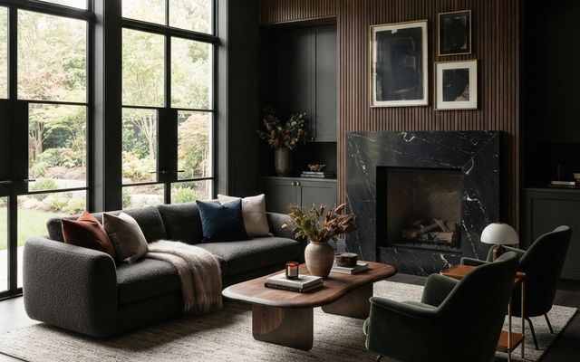 Moody living room with a deep-toned painted accent wall behind the sofa