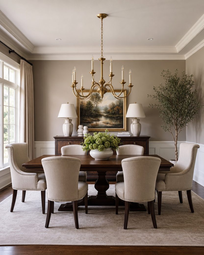Cohesive dining room tied to the rest of the home by a shared palette