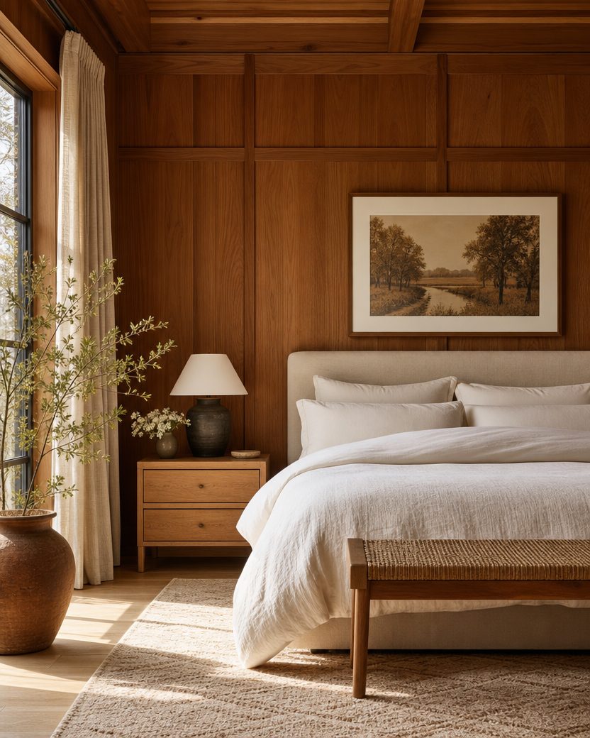 Cozy modern rustic bedroom with warm textures and layered bedding