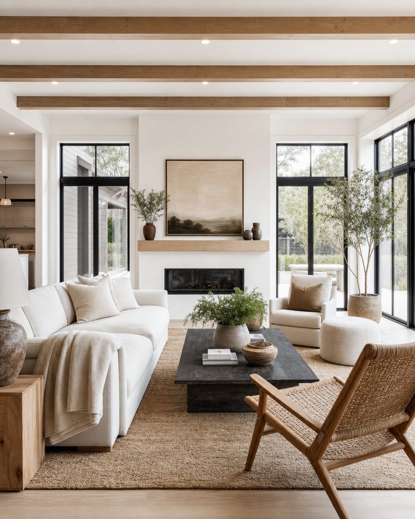 Warm, collected living room with layered textures and natural light