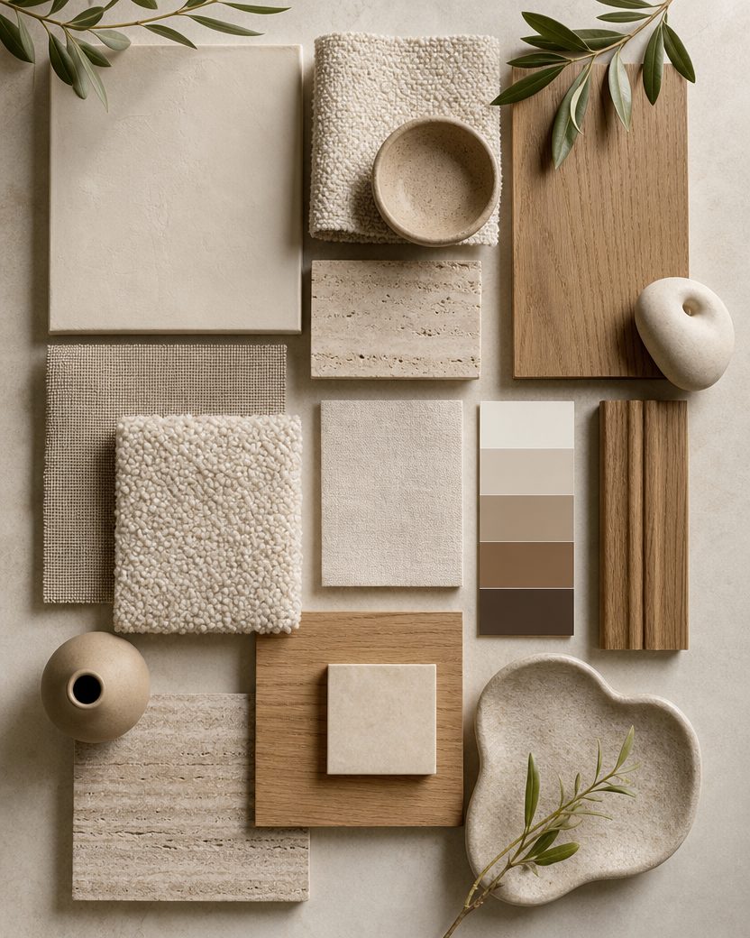 Organic modern mood board showing a coordinated home color palette and materials