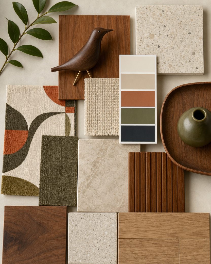 Mid-century modern interior design mood board with color, materials and furniture