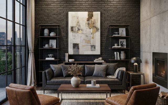 Industrial living room with exposed brick, black metal and warm wood tones