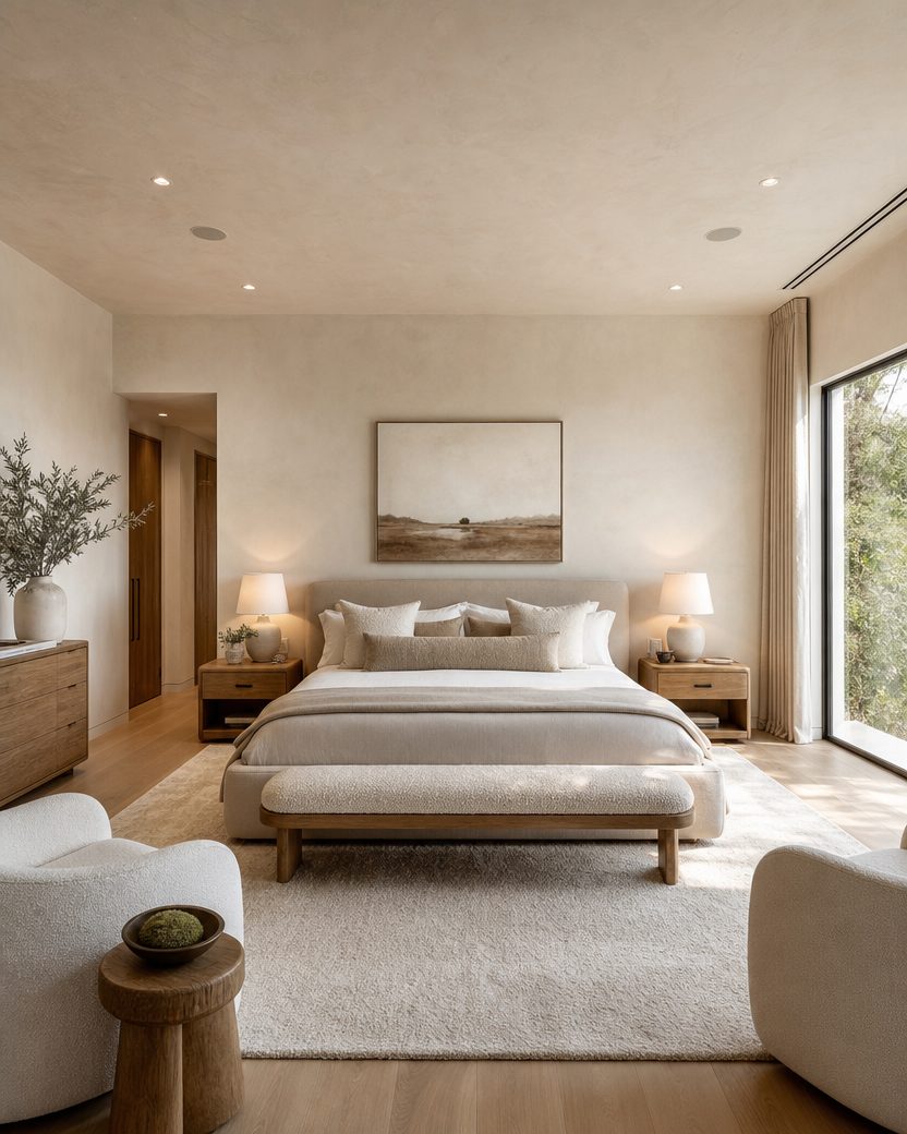 Organic modern bedroom representing 2026 interior design trends