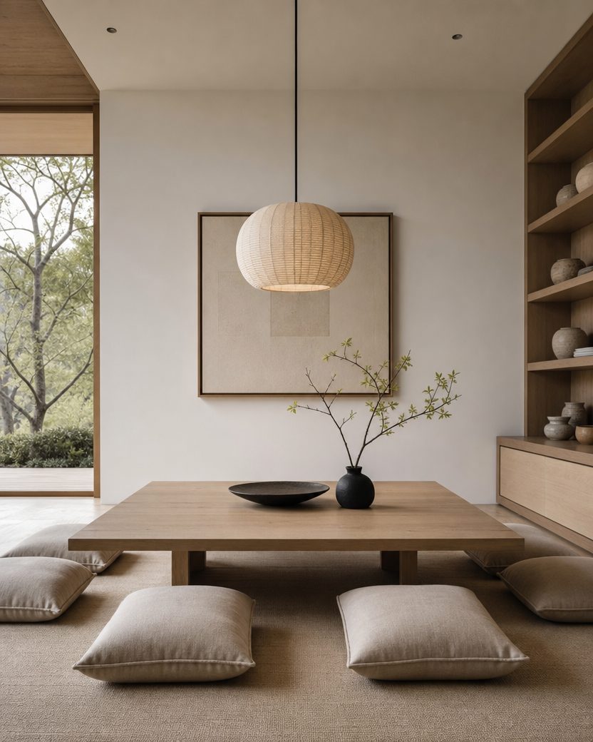Japandi dining room with a low wood table and minimal natural decor