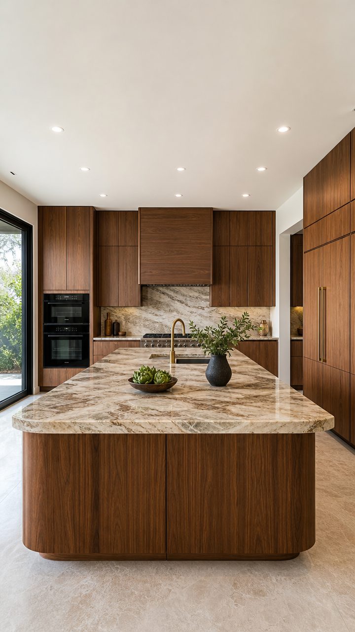 Mid-century modern kitchen with flat-front wood cabinets and retro pendant lighting
