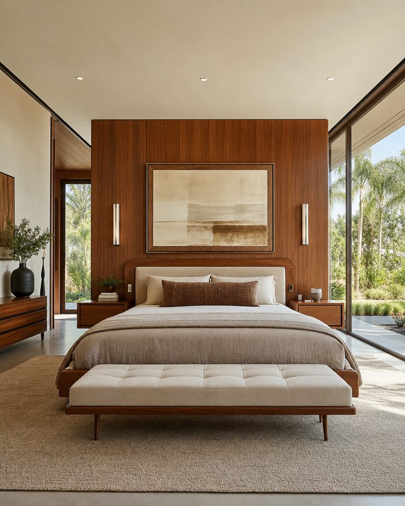 Mid-century modern bedroom with warm walnut tones and clean retro lines