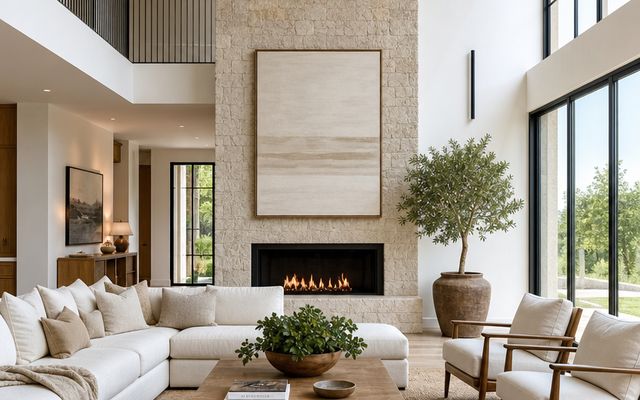 Modern bohemian living room with layered textures, plants and warm neutral tones
