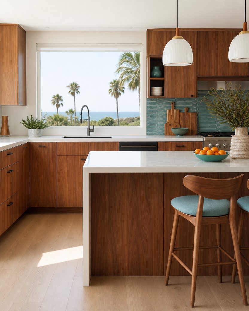 Coastal kitchen with light wood, white cabinetry and airy natural light