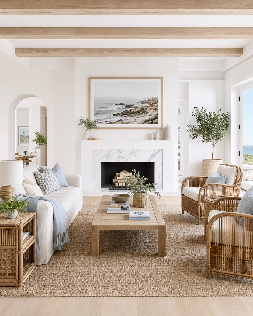 Modern coastal living room with white walls, a linen sofa and natural textures