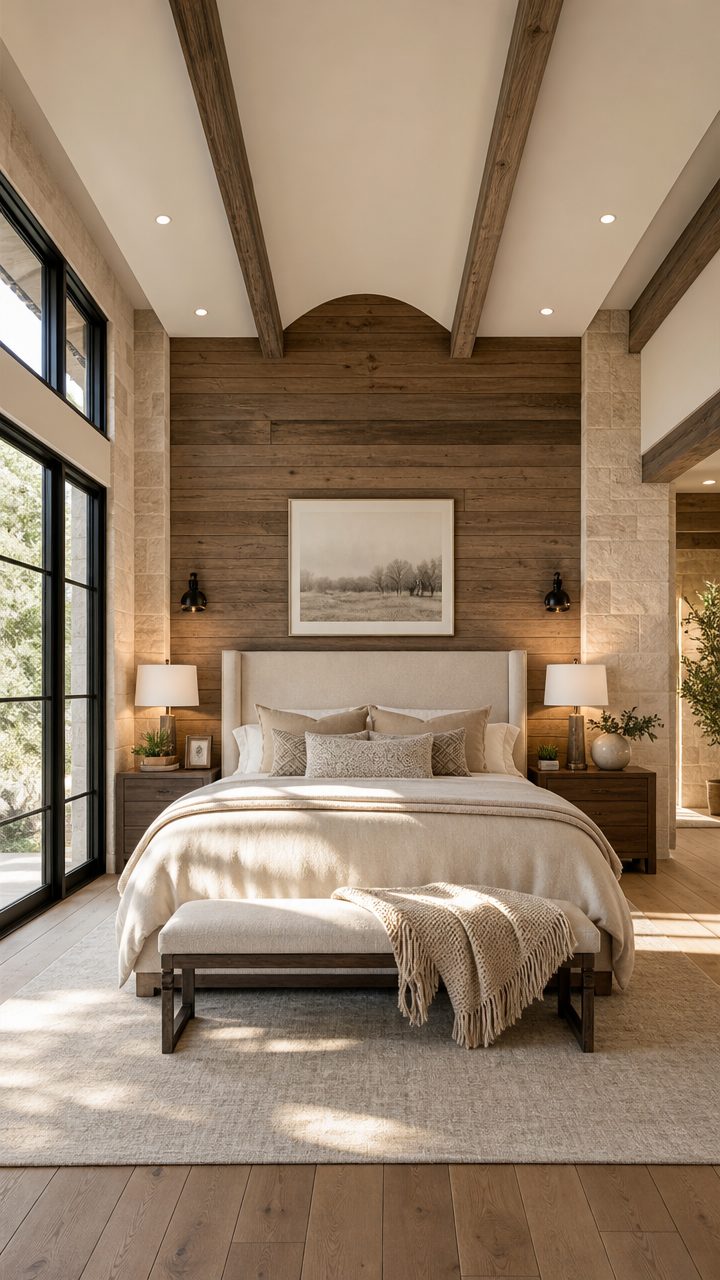 Rustic modern farmhouse bedroom with wood beams and layered neutral bedding