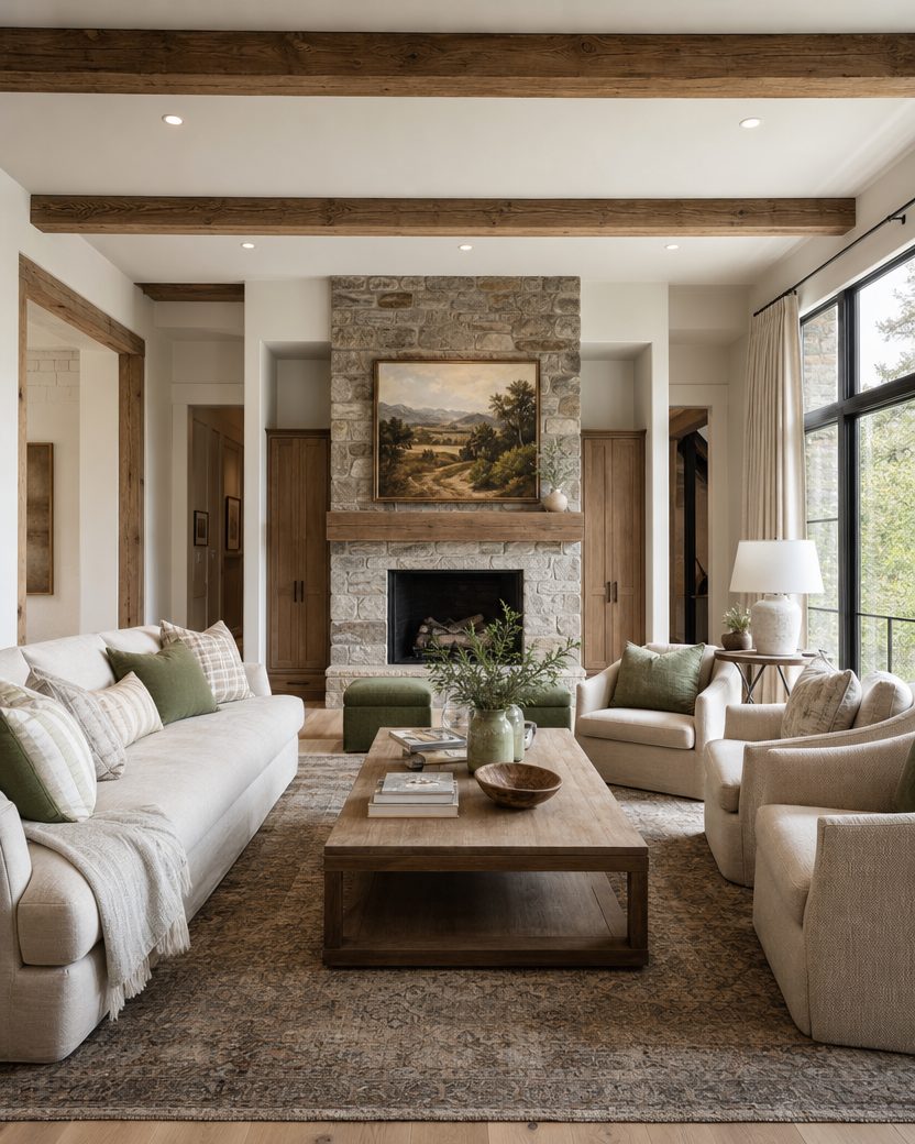 Modern farmhouse living room with natural wood, neutral tones and cozy decor