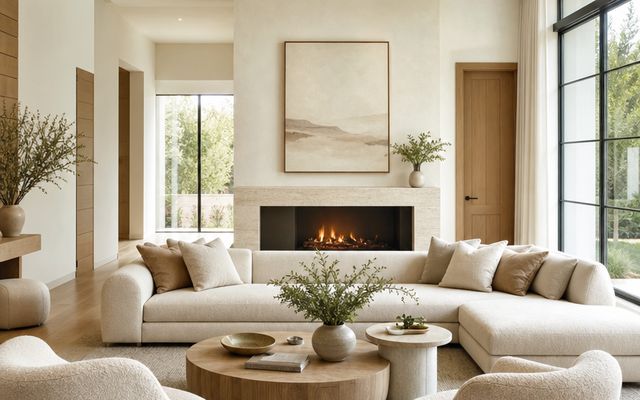 Organic modern living room with rounded furniture, warm woods and earthy neutrals