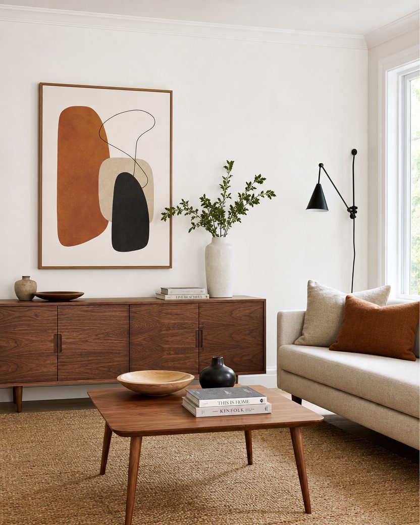 Scandinavian living room with light wood, white walls and minimal furniture
