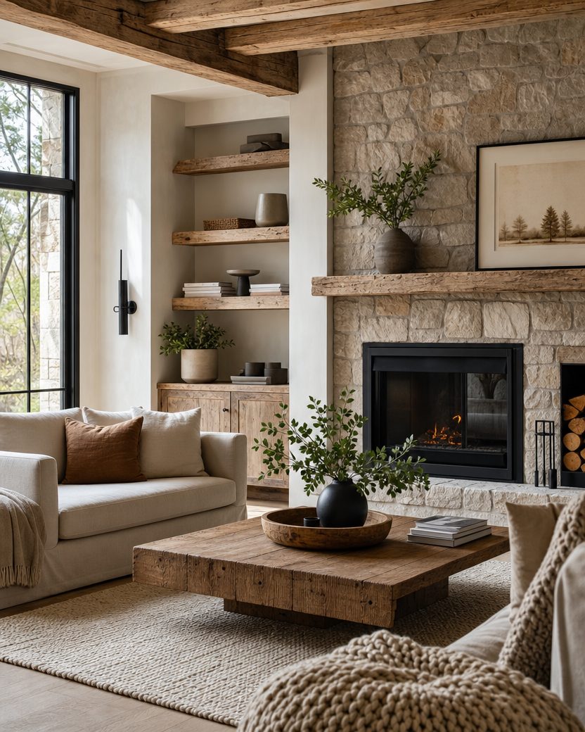 Scandinavian rustic living room with woven textures and warm wood tones